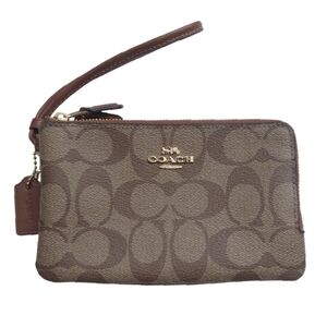 COACH Double Corner Zip Wristlet Wallet In Signature Coated Canvas Brown Khaki
